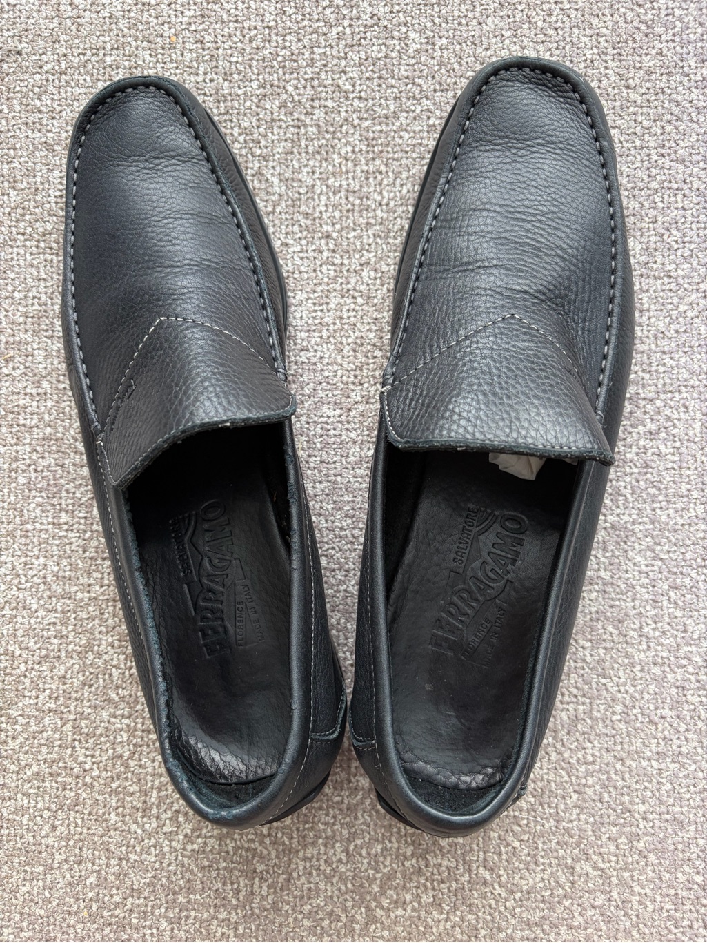 Salvatore Ferragamo Black Pebbled Leather Slip-On Loafers - Classic Moc Toe